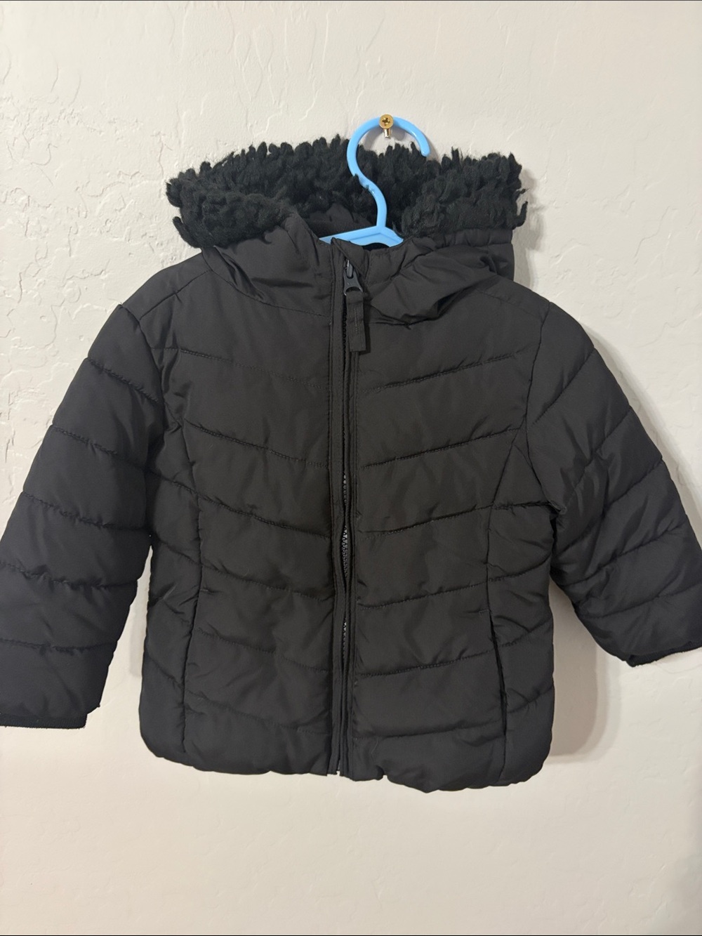 The Children's Place Black Hooded Puffer Coat with Faux Fur Trim